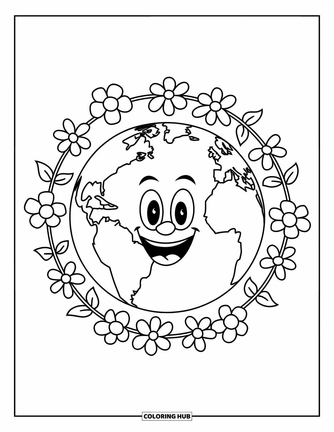 Earth Coloring Page for Kids: A smiling Earth surrounded by flowers and leaves, with clean, bold outlines