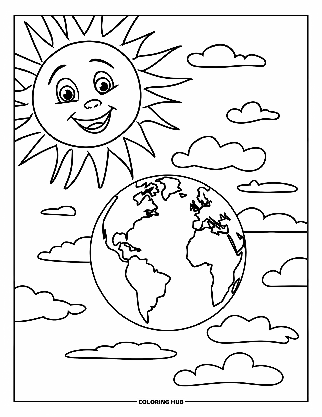 Earth Coloring Page for Kids: A smiling sun over Earth, surrounded by fluffy clouds, on a white background