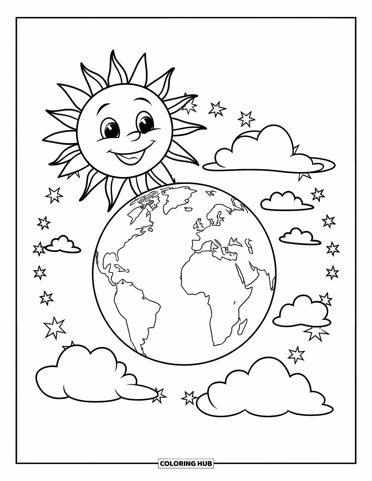 Earth Coloring Page for Kids: A smiling sun over Earth with stars surrounding it, in bold outlines