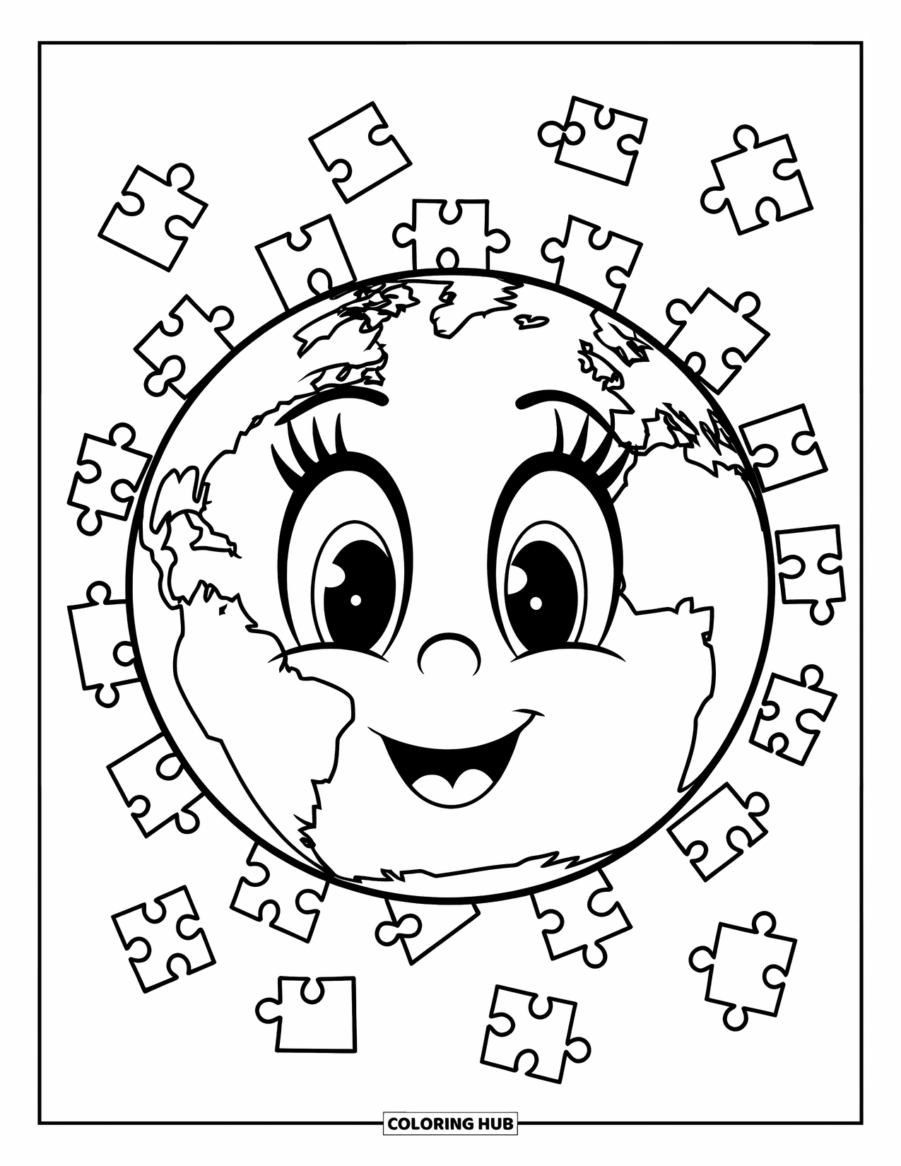 Earth Coloring Page for Kids: A stylized Earth with a face, surrounded by small puzzle pieces, on a white background