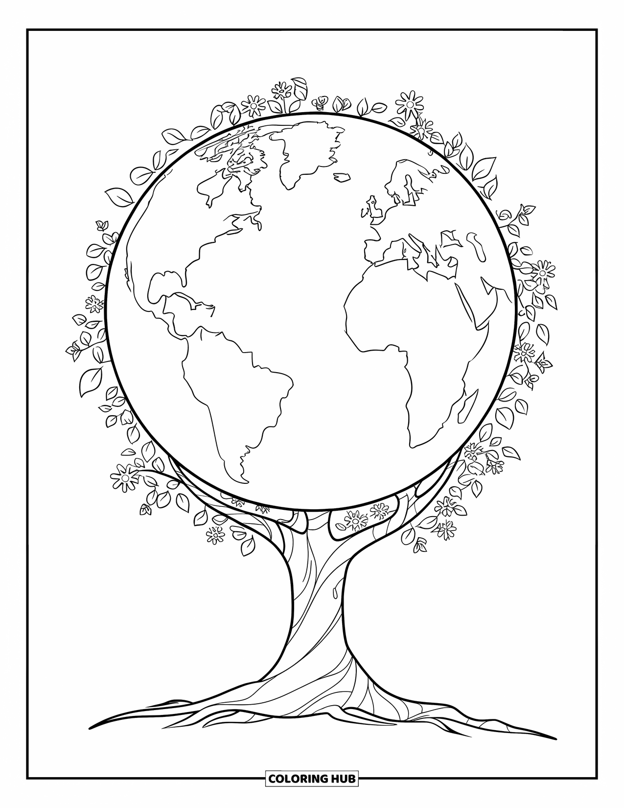 Earth Coloring Page for Kids: A tree with Earth as its canopy, covered with small leaves and flowers, on a white background