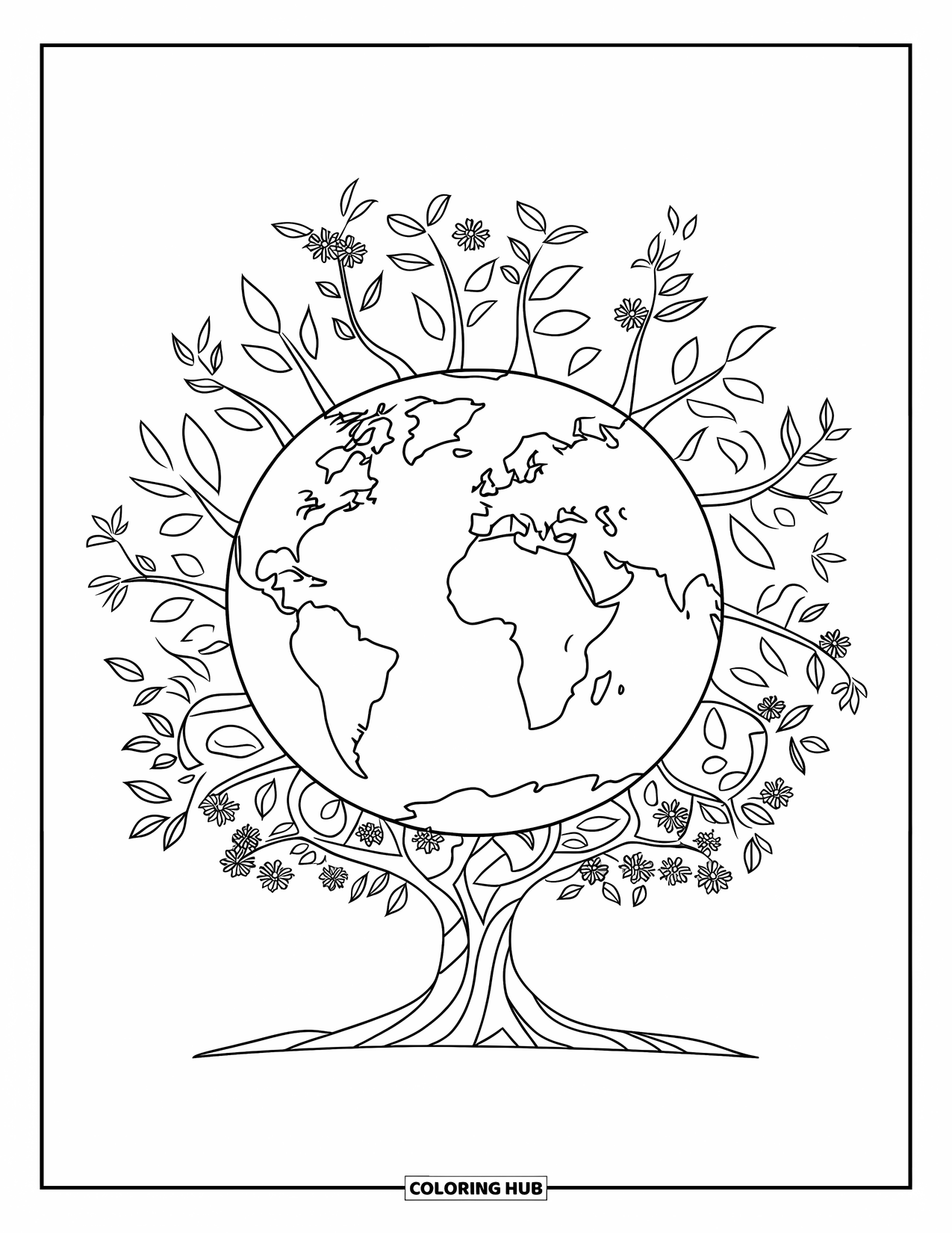 Earth Coloring Page for Kids: A tree with Earth as its canopy, with various landforms and oceans, against a white background