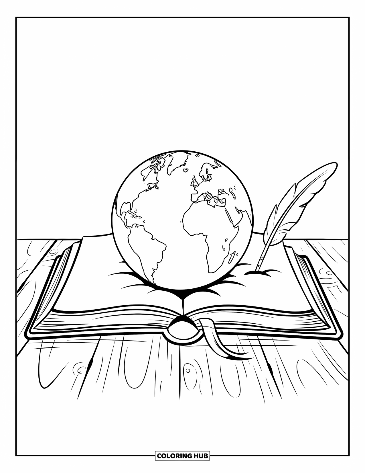 Earth Coloring Page for Kids: An open book with Earth popping out, placed on a table with a quill pen