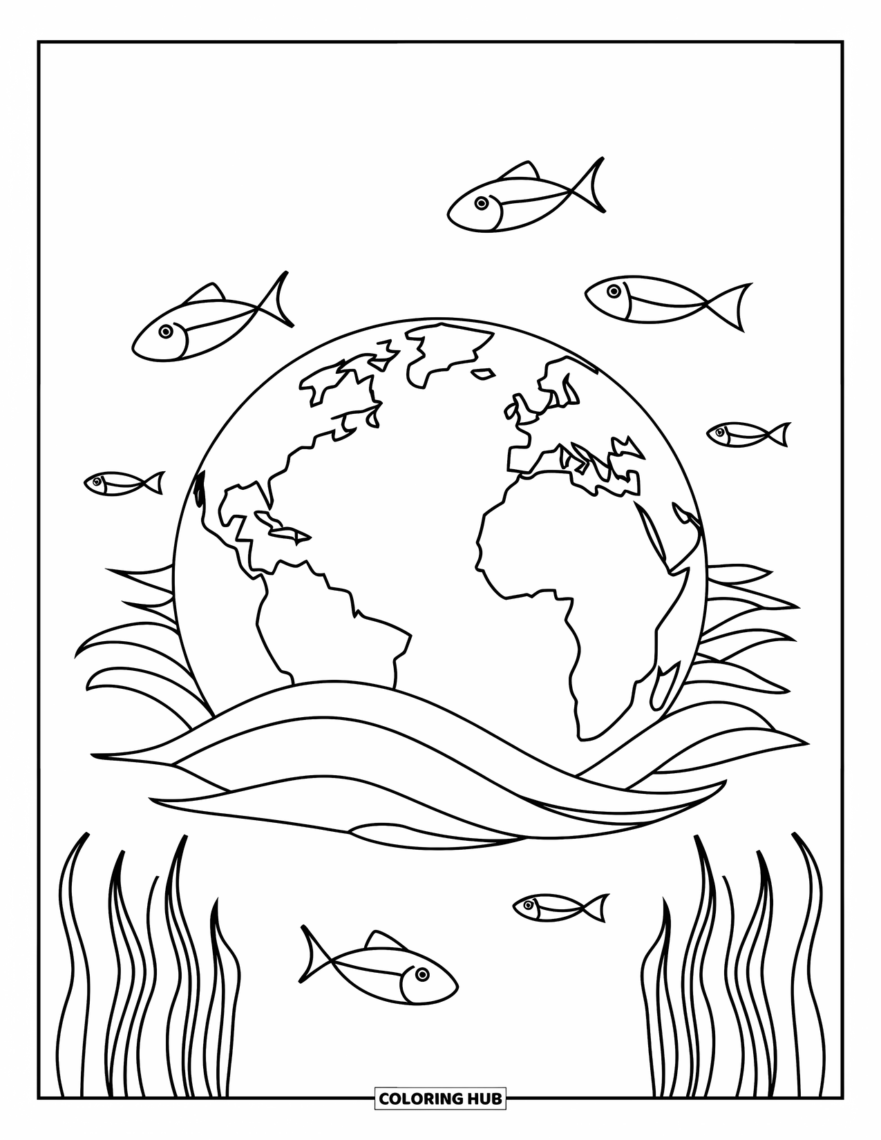 Earth Coloring Page for Kids: Earth floating on waves, surrounded by fish and seaweed, under a sky with clouds