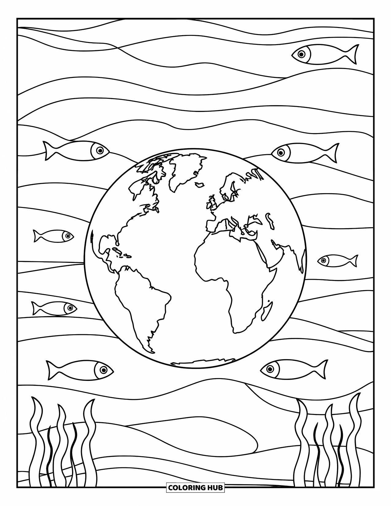 Earth Coloring Page for Kids: Earth floating on waves, with fish and seaweed, under a calm ocean background