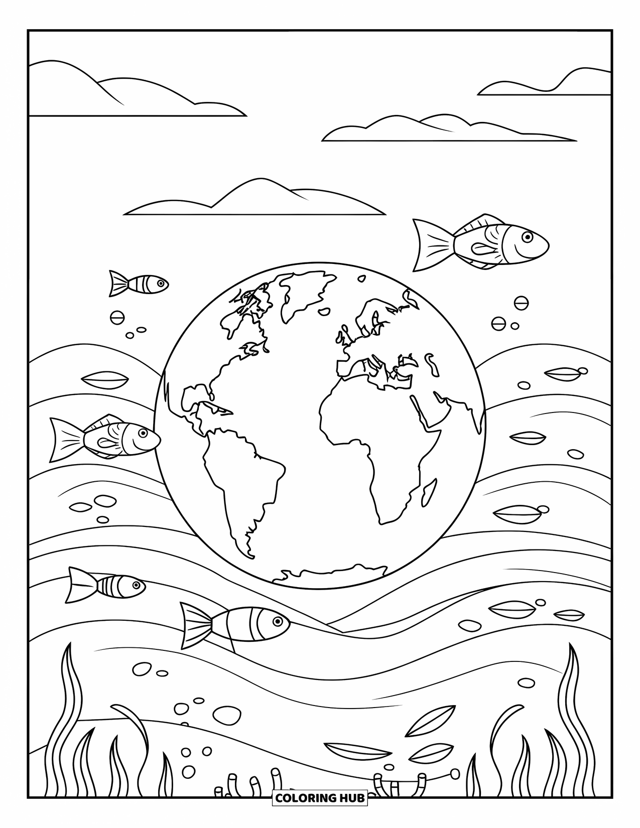 Earth Coloring Page for Kids: Earth floating on waves, with fish and seaweed, under a serene sky with fluffy clouds