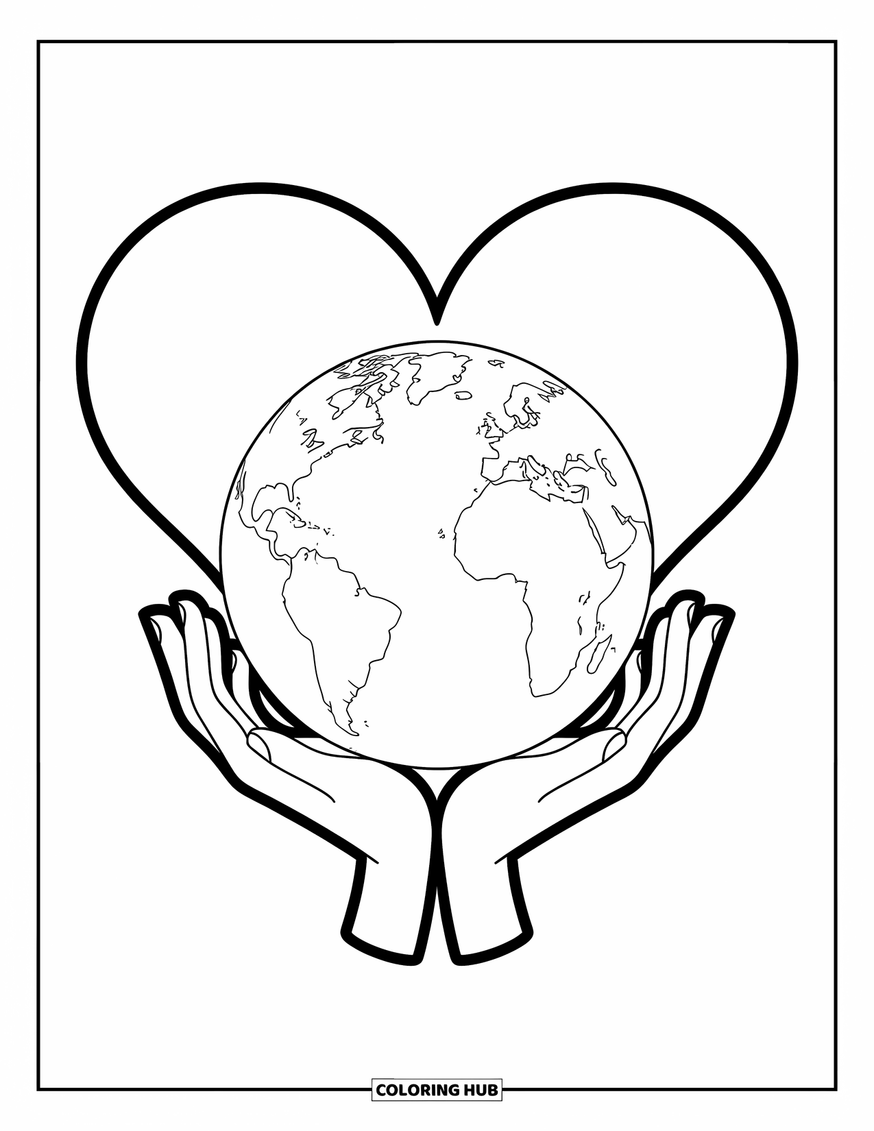 Earth Coloring Page for Kids: Earth held by small hands with a heart shape behind it, on a white background