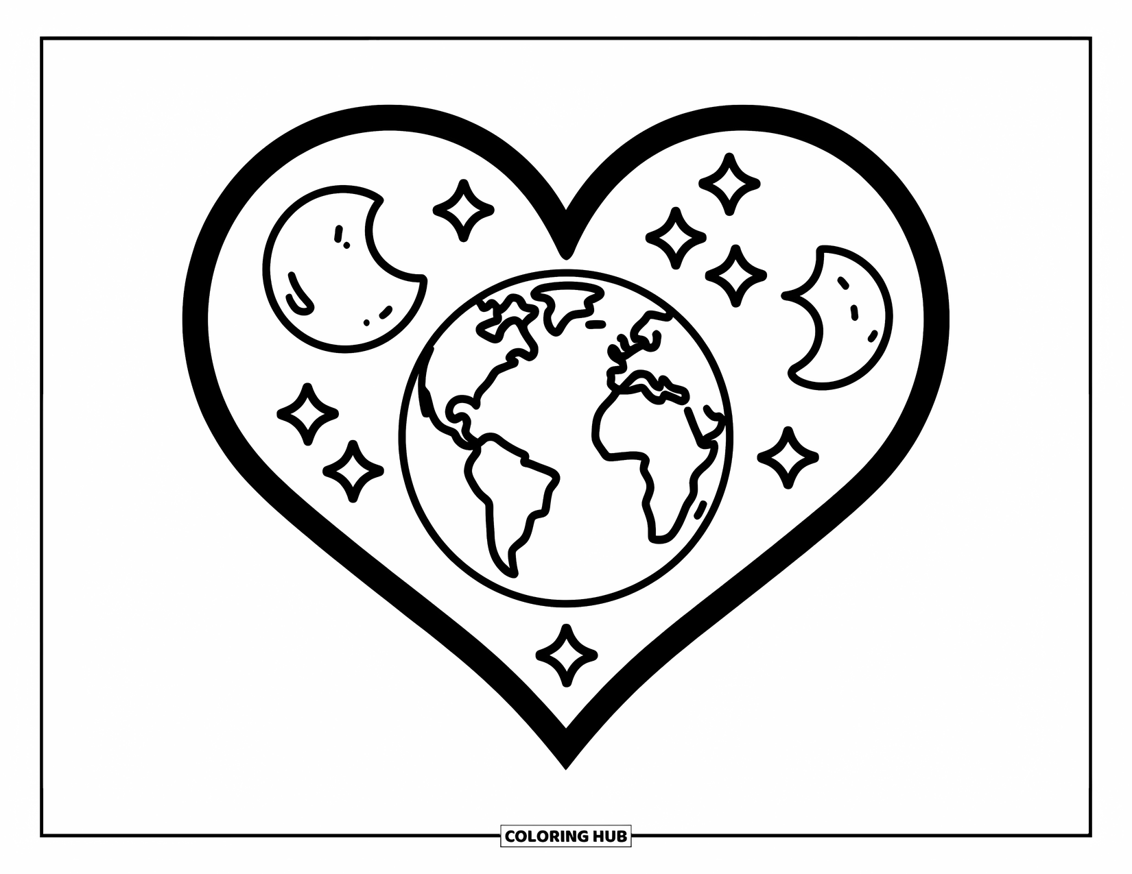 Earth Coloring Page for Kids: Earth inside a heart with small stars and a moon, on a white background