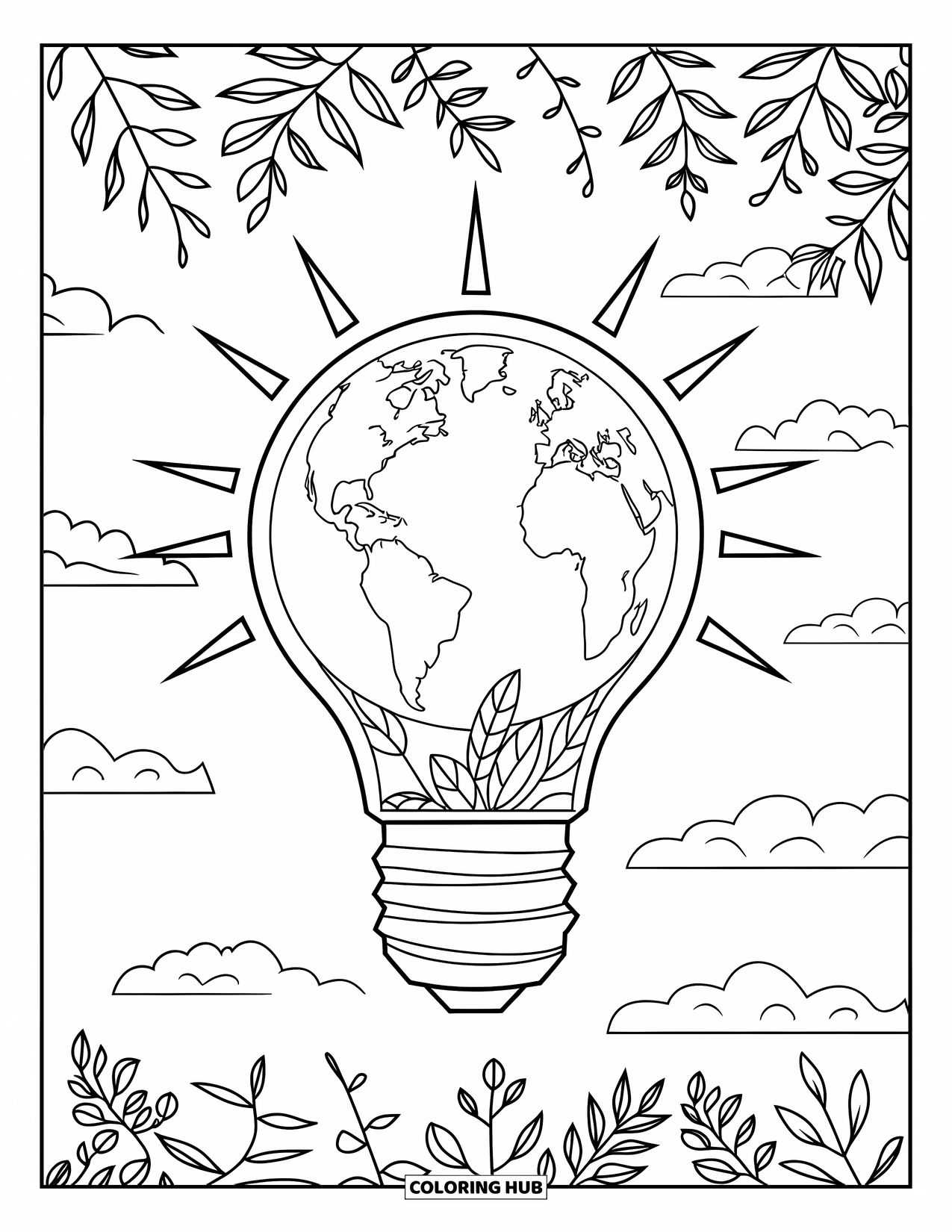 Earth Coloring Page for Kids: Earth inside a lightbulb, surrounded by sun rays and leaves, hanging from a branch