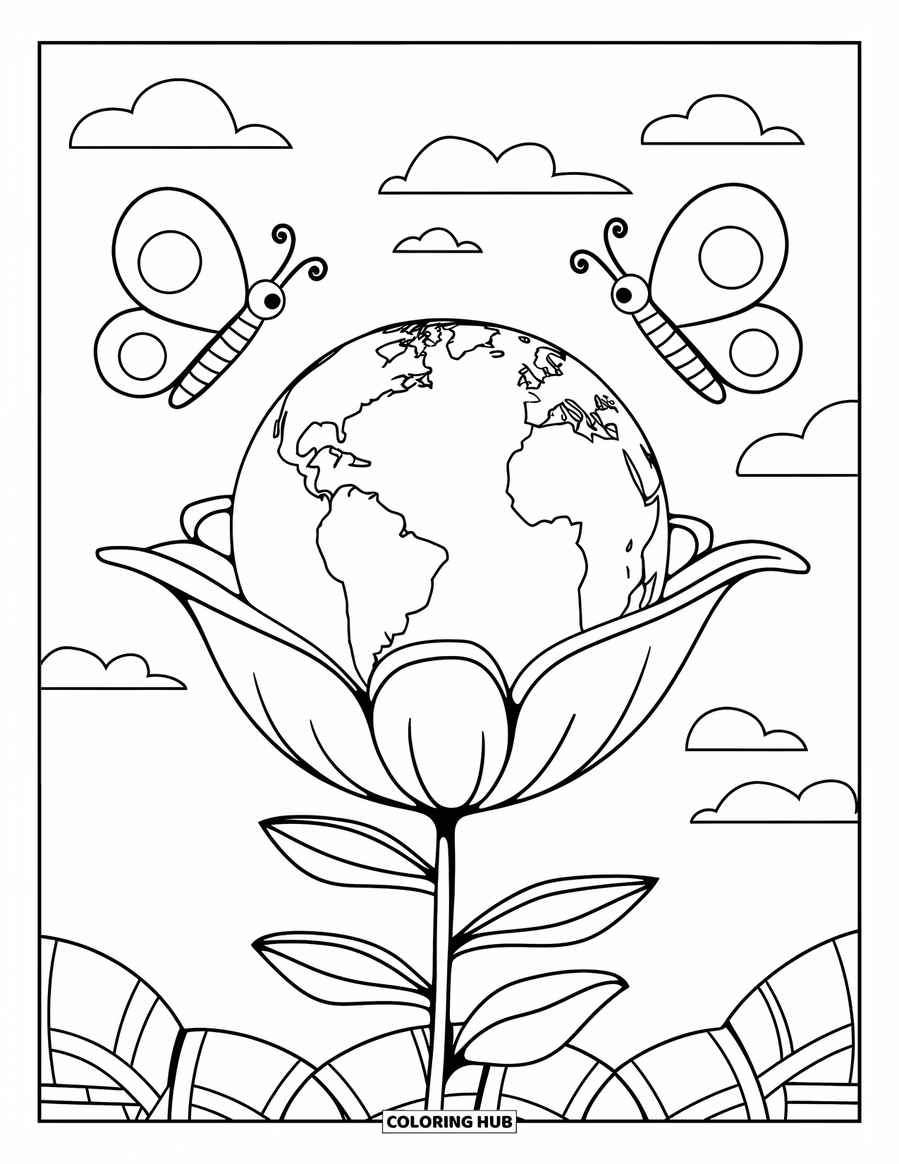 Earth Coloring Page for Kids: Earth on a flower stem, with butterflies and fluffy clouds in the background