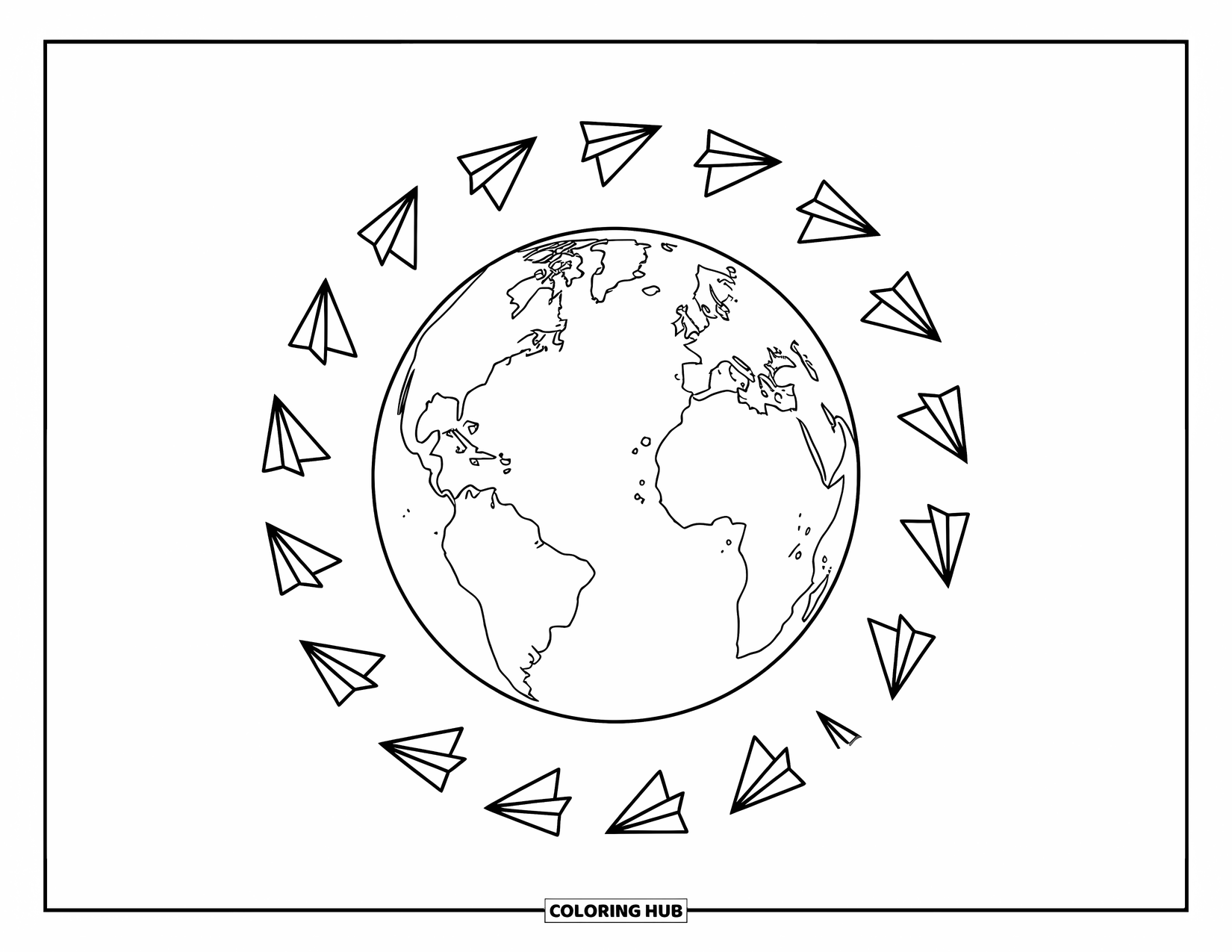 Earth Coloring Page for Kids: Earth surrounded by a trail of paper airplanes, all with bold outlines on a white background