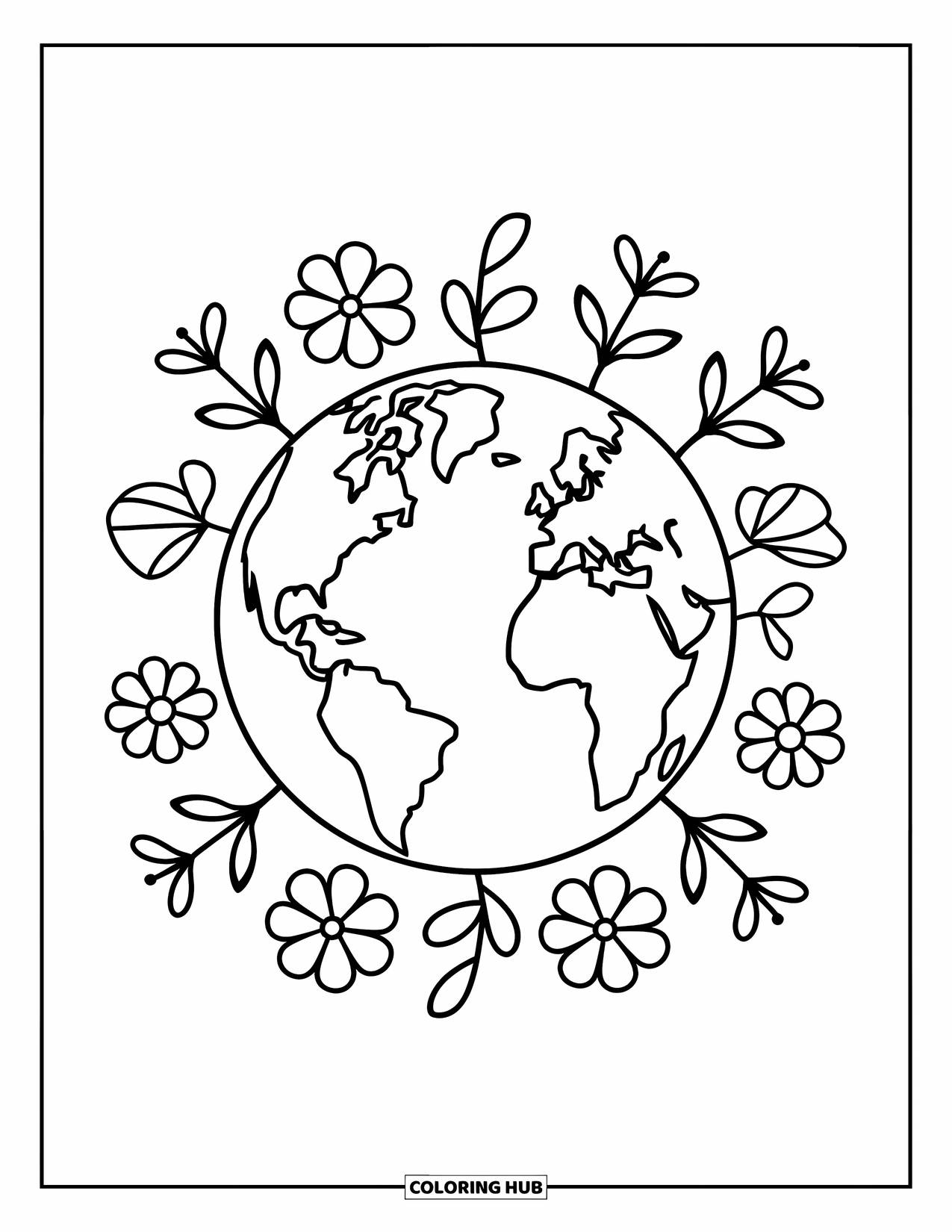 Earth Coloring Page for Kids: Earth surrounded by flowers and leaves, with a cheerful, playful vibe
