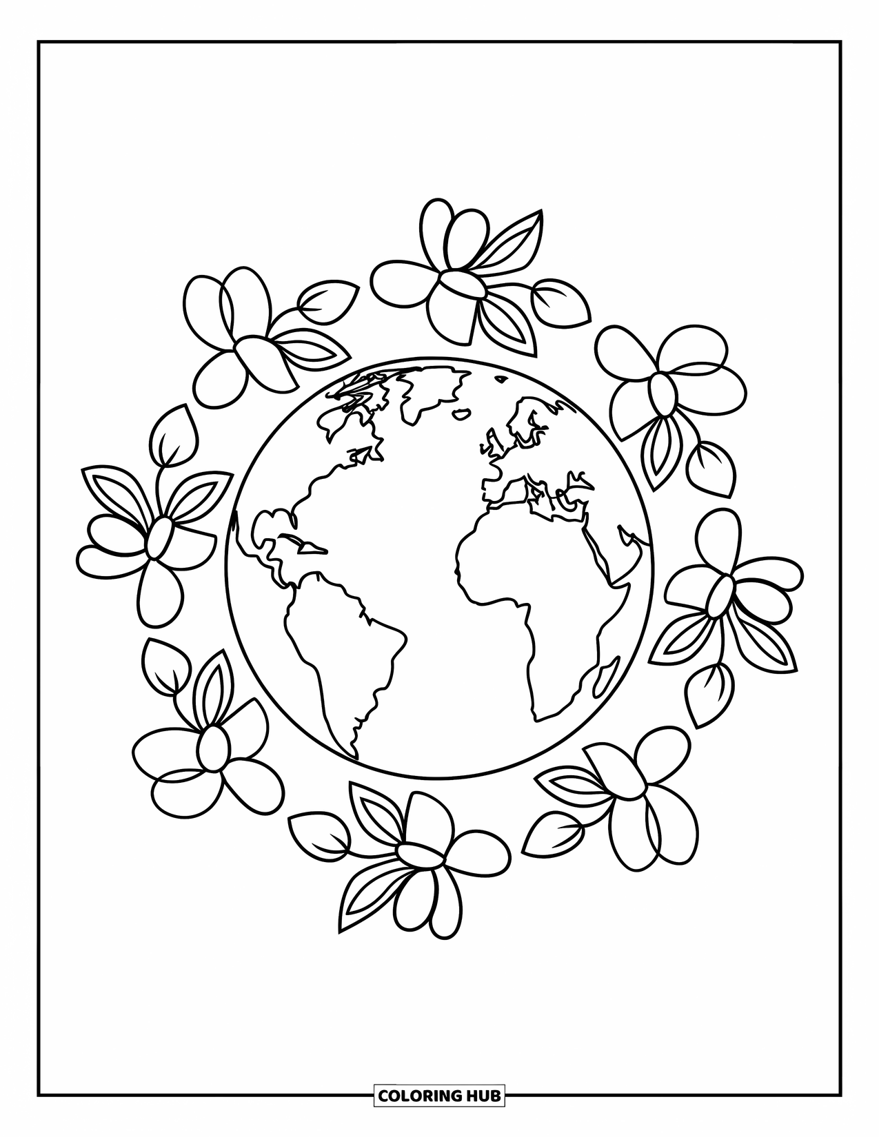 Earth Coloring Page for Kids: Earth surrounded by flowers and leaves, with bold outlines, set on a white background