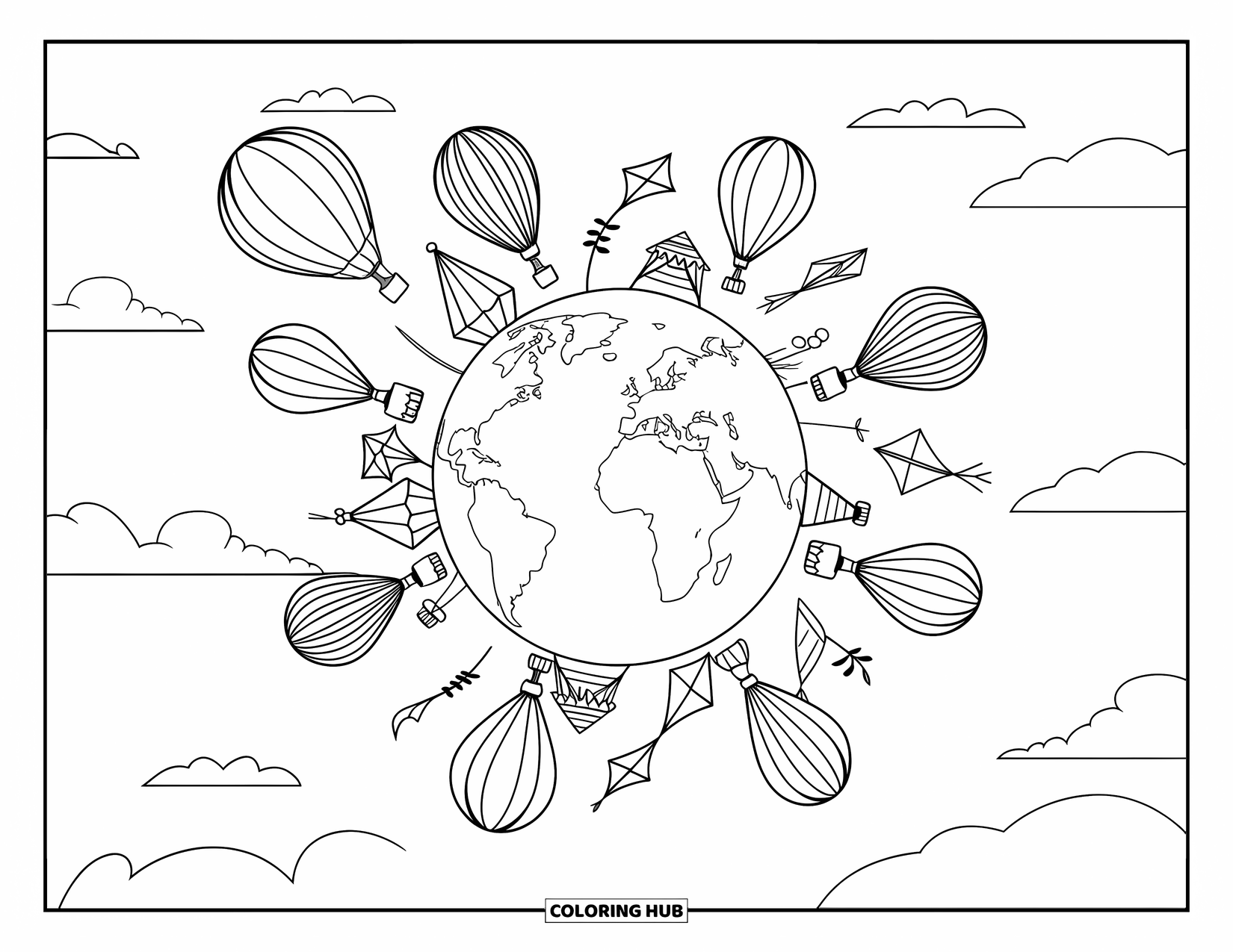 Earth Coloring Page for Kids: Earth surrounded by hot air balloons and kites of various shapes, set against a clear sky