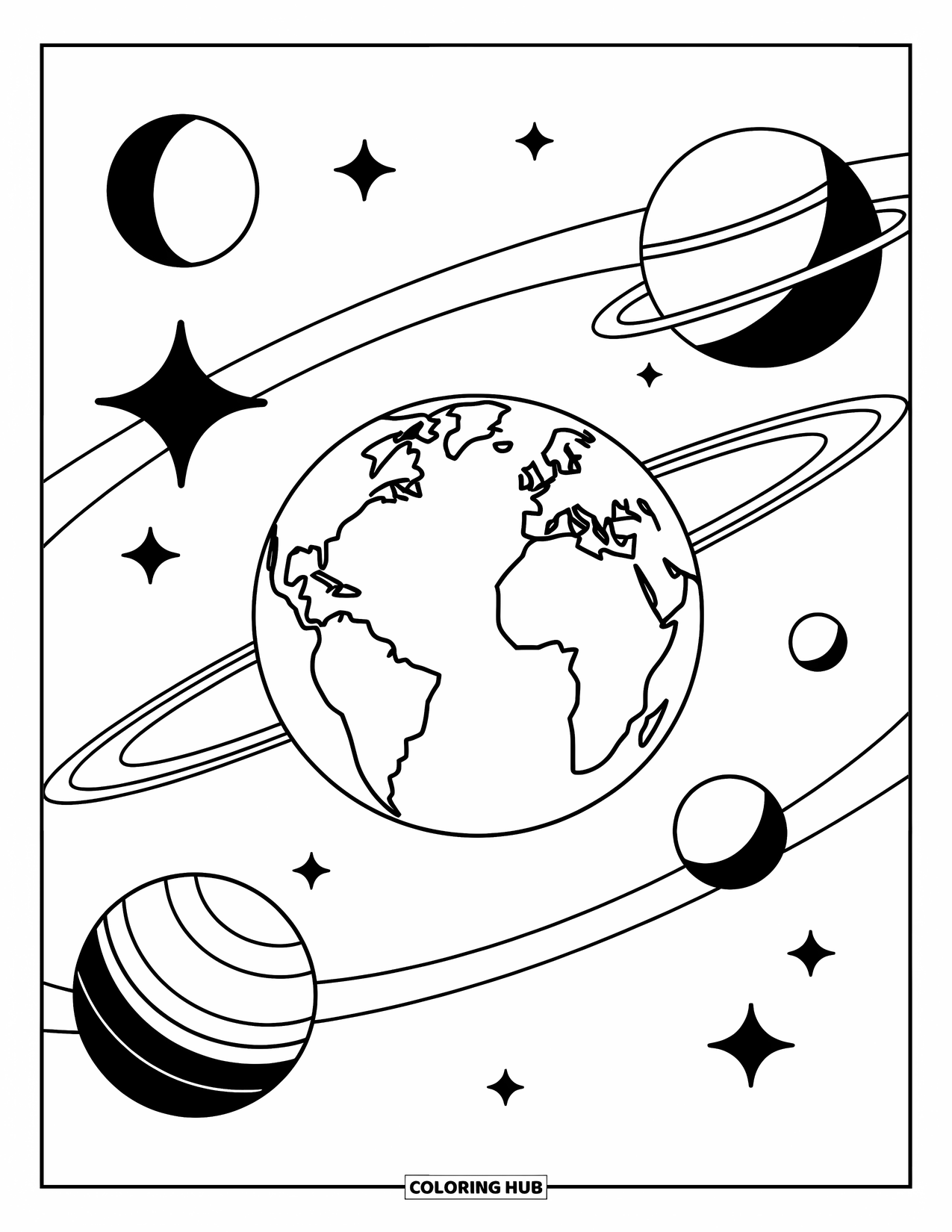 Earth Coloring Page for Kids: Earth surrounded by orbiting planets and stars, with bold outlines and a white background