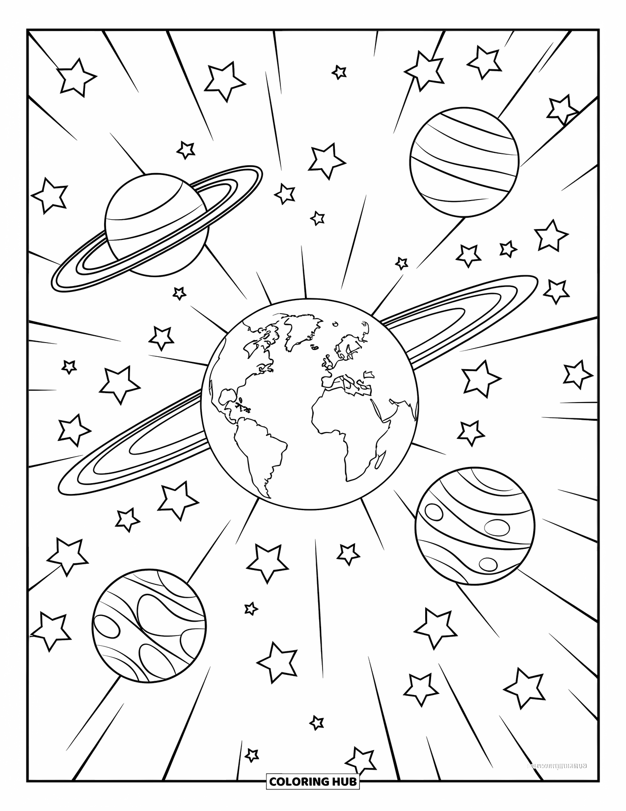 Earth Coloring Page for Kids: Earth surrounded by orbiting planets, stars, and rings, with clear, bold lines on a white background