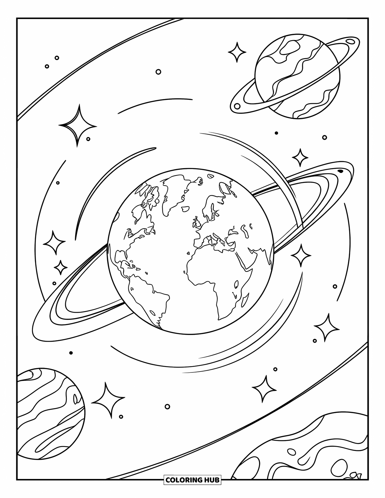 Earth Coloring Page for Kids: Earth surrounded by planets and stars, with clean, bold outlines and a modern feel