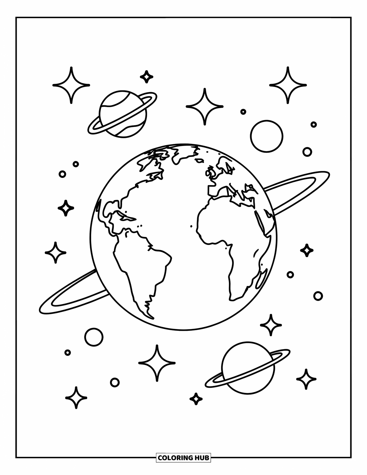 Earth Coloring Page for Kids: Earth with orbiting planets and stars, perfect for teenagers, on a white background