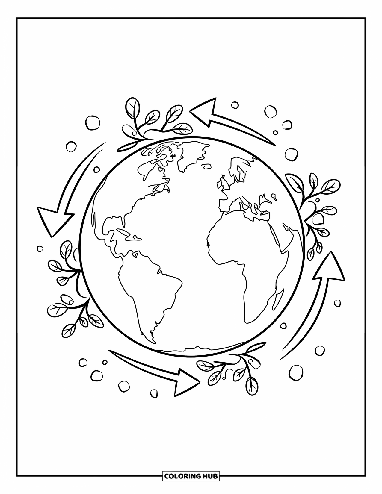 Earth Coloring Page for Kids: Earth with recycling arrows, plants, and water droplets, outlined without shading