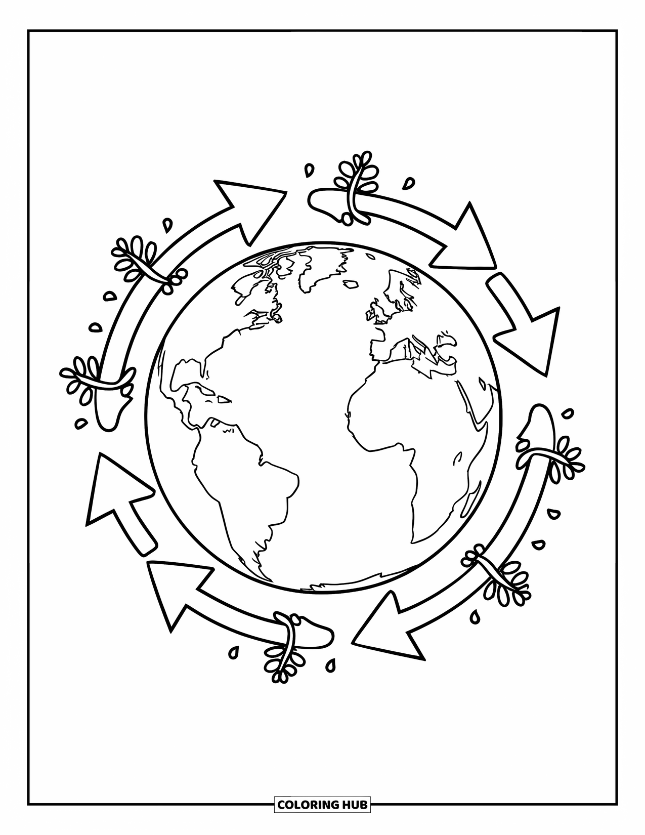 Earth Coloring Page for Kids: Earth with recycling arrows, surrounded by plants and water droplets on a white background