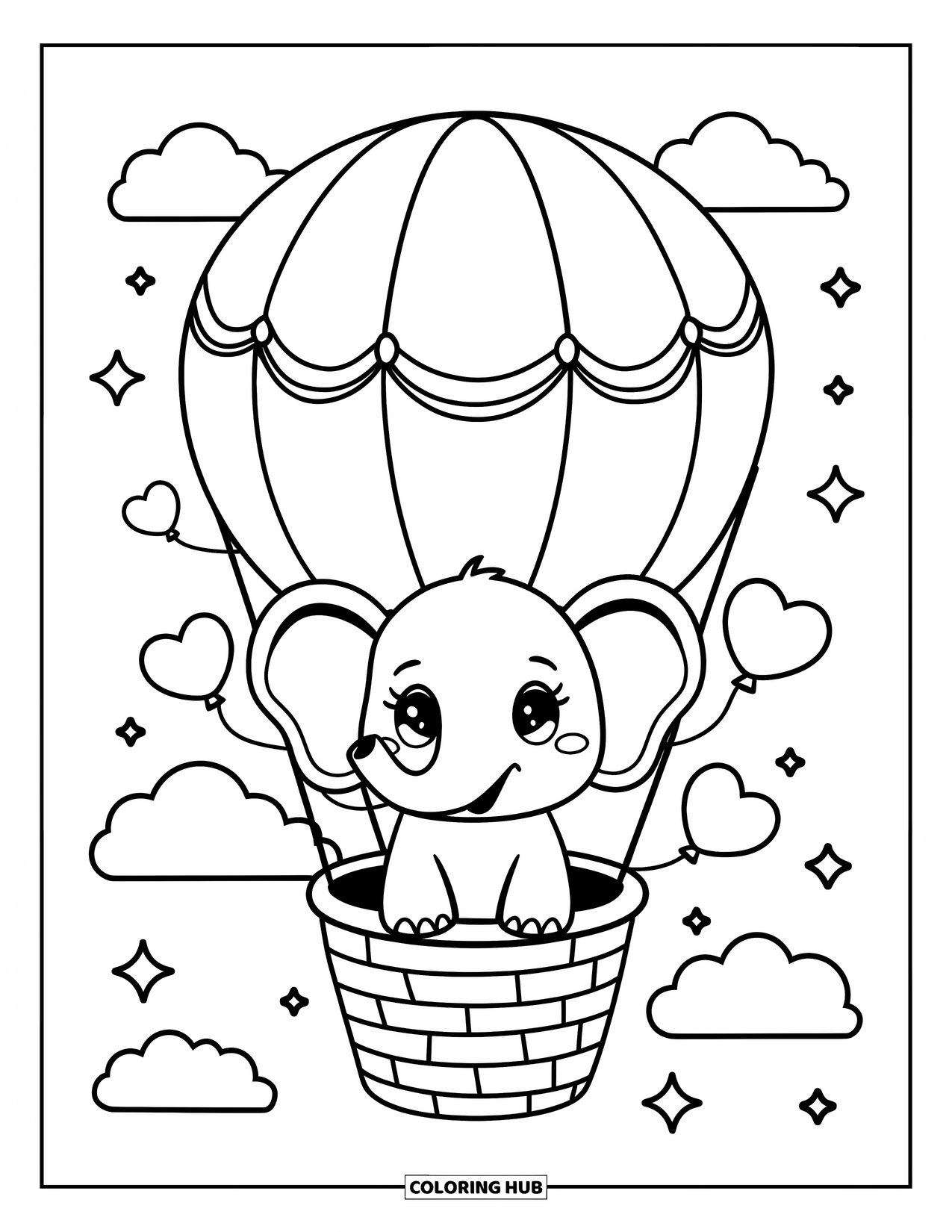 Elephant Coloring Page for Adults: A baby elephant drifts in a hot air balloon, surrounded by heart-shaped balloons and twinkling stars
