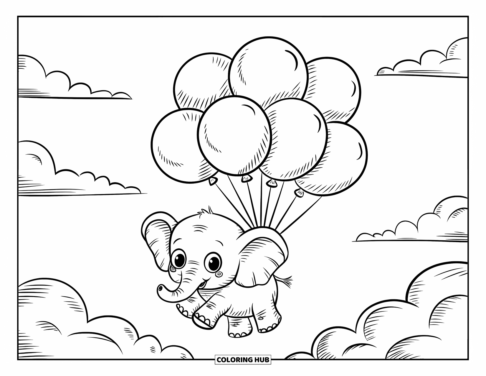 Elephant Coloring Page for Adults: A baby elephant drifts through the sky, lifted by oversized balloons, surrounded by fluffy clouds
