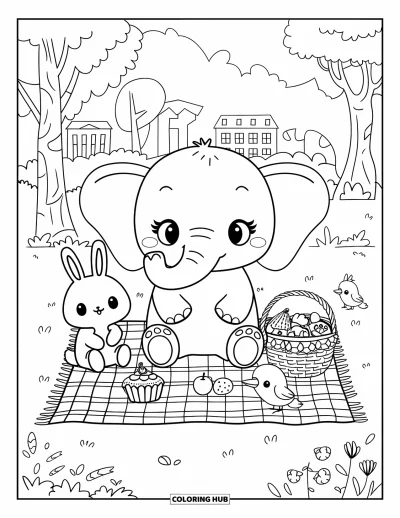 Coloriage d'éléphants pour adultes : Un bébé éléphant profite d'un pique-nique sur une couverture à carreaux, avec un lapin, un écureuil et un oiseau