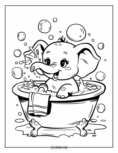 Coloriage d'éléphants pour adultes : Un bébé éléphant profite d'un bain moussant bien chaud, enveloppé dans une serviette toute douce