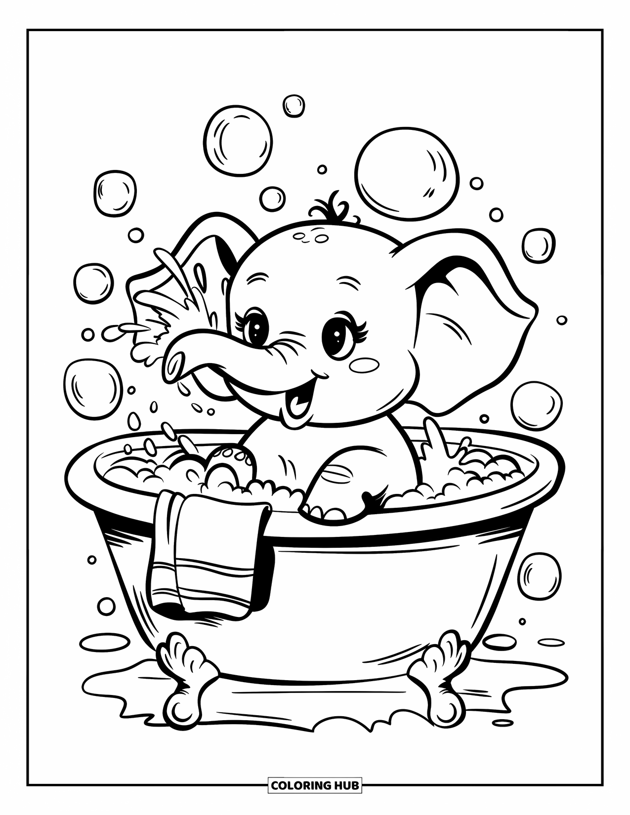 Elephant Coloring Page for Adults: A baby elephant enjoys a warm bubble bath, wrapped in a cozy towel with floating bubbles