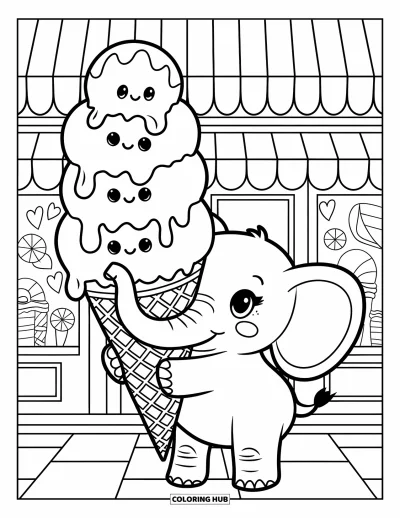 Coloriage d'éléphants pour adultes : Un bébé éléphant tient un énorme cornet de glace aux boules souriantes, près d'une boutique de bonbons