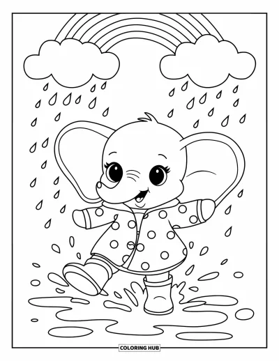 Coloriage d'éléphants pour adultes : Un bébé éléphant en imperméable à pois saute joyeusement dans les flaques sous des gouttes en forme de cœur