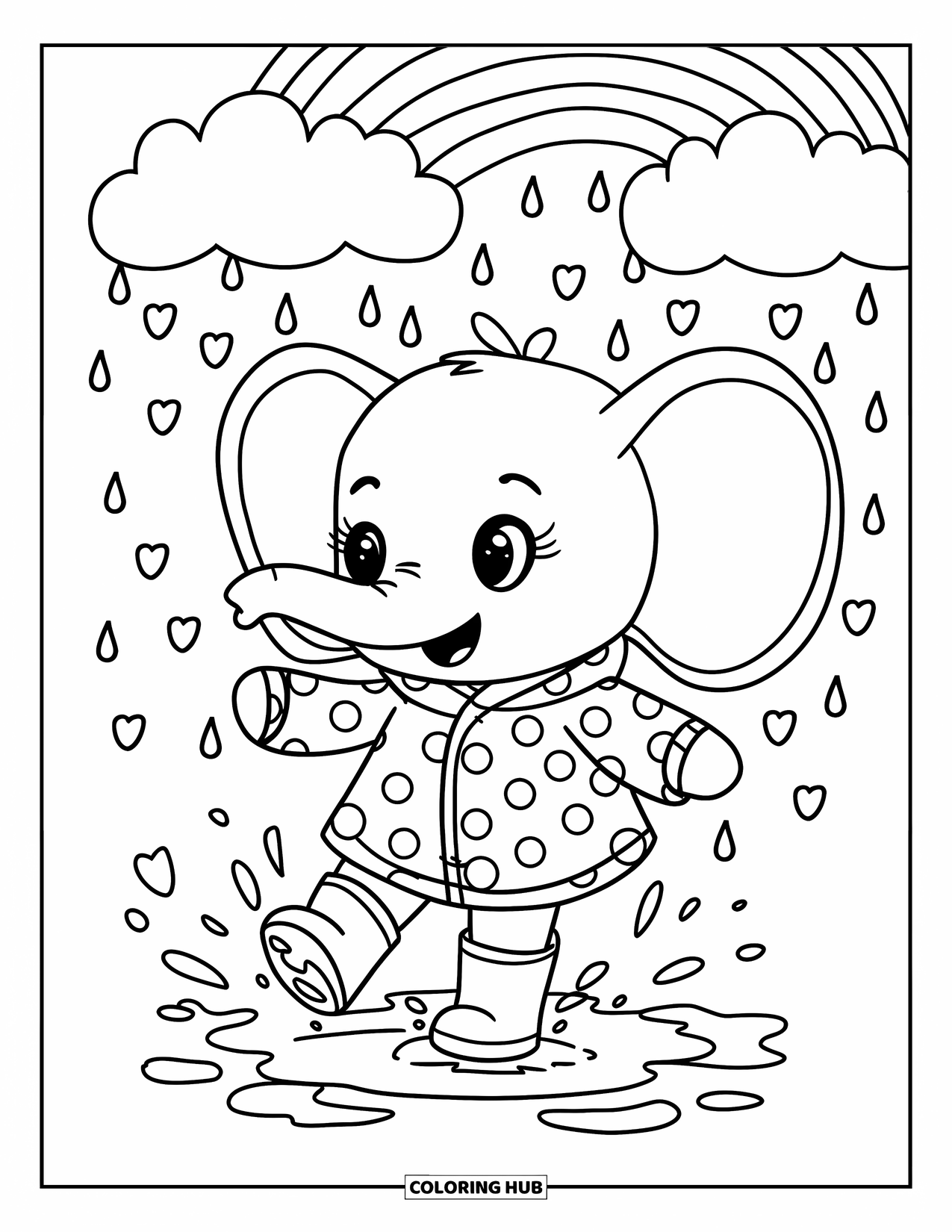Elephant Coloring Page for Adults: A baby elephant in a raincoat and boots splashes happily in puddles on a rainy day
