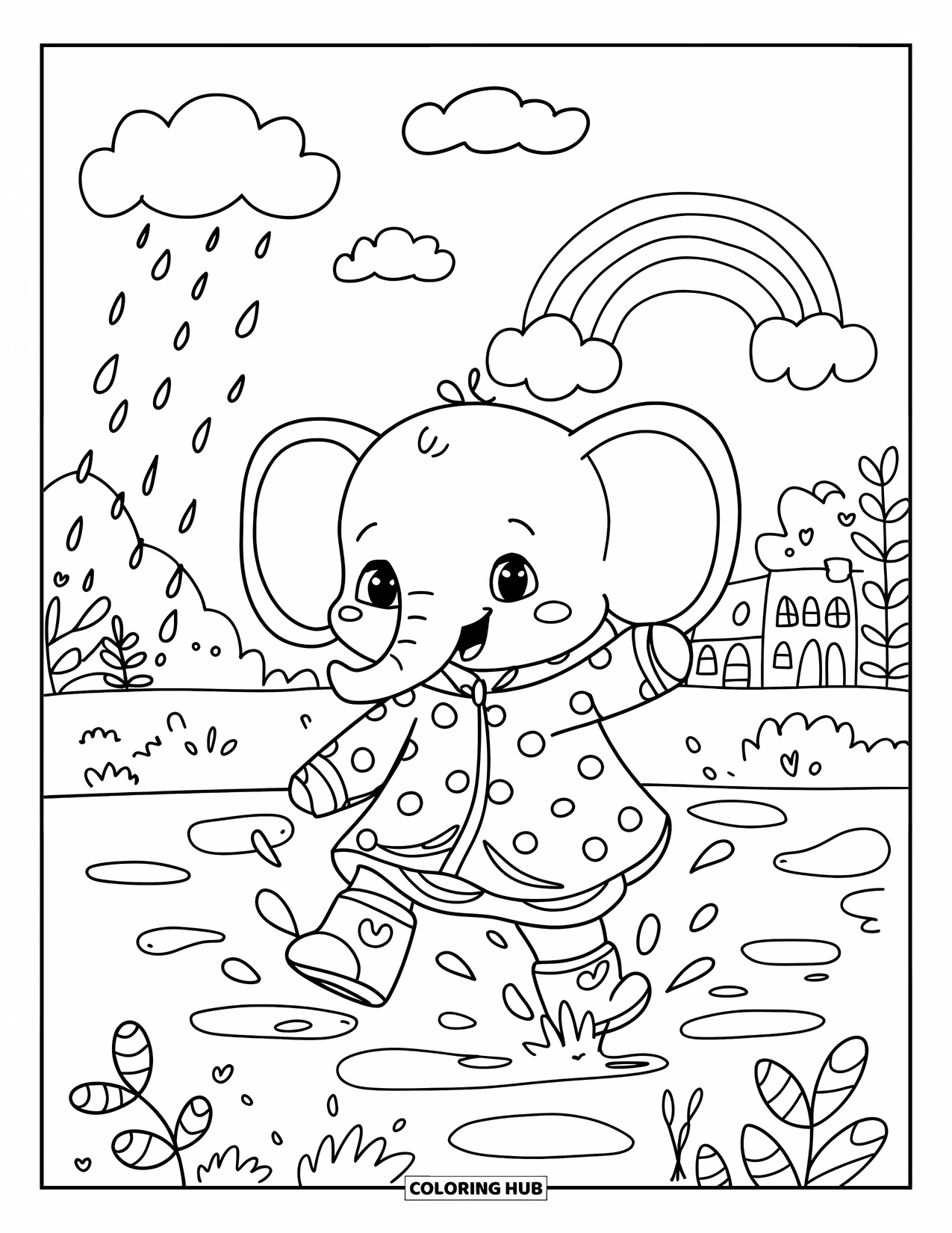 Elephant Coloring Page for Adults: A baby elephant in a raincoat plays in puddles as heart-shaped raindrops fall from the sky