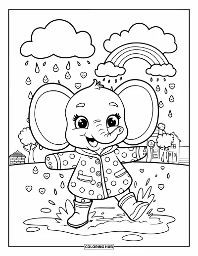 Coloriage d'éléphants pour adultes : Un bébé éléphant en petites bottes saute dans les flaques, avec un arc-en-ciel qui apparaît derrière les nuages