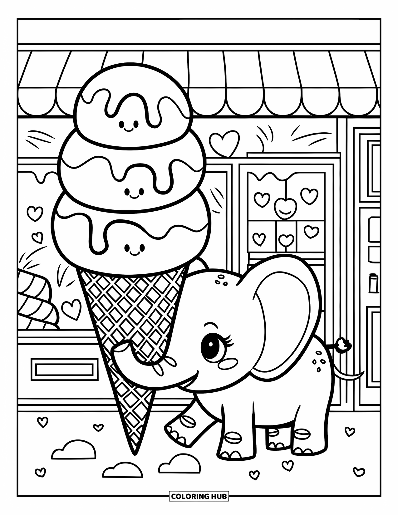 Elephant Coloring Page for Adults: A baby elephant licks a giant ice cream cone, surrounded by playful candy shop elements