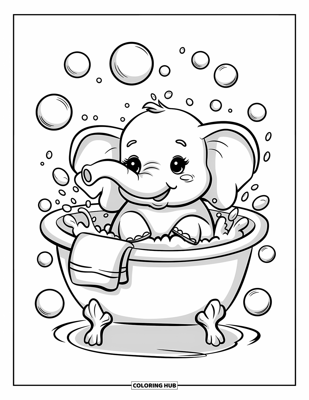 Elephant Coloring Page for Adults: A baby elephant relaxes in a tub, playfully spraying water with its trunk