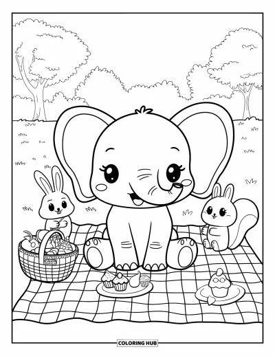 Coloriage d'éléphants pour adultes : Un bébé éléphant est assis sur une couverture de pique-nique avec ses amis animaux, entre fruits et cupcakes