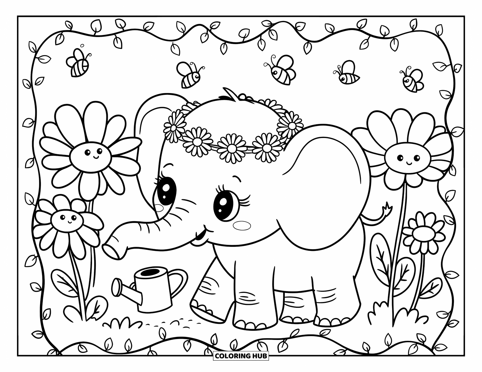 Elephant Coloring Page for Adults: A baby elephant wearing a daisy crown walks through a field of oversized flowers, surrounded by bees and butterflies