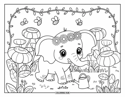 Coloriage d'éléphants pour adultes : Un bébé éléphant couronné de pâquerettes explore un paysage fleuri, entouré de petits éléments ludiques