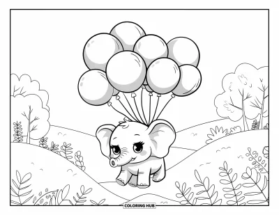 Coloriage d'éléphants pour adultes : Un bébé éléphant avec des ballons flotte au-dessus de collines ondulantes, dans un décor fantaisiste