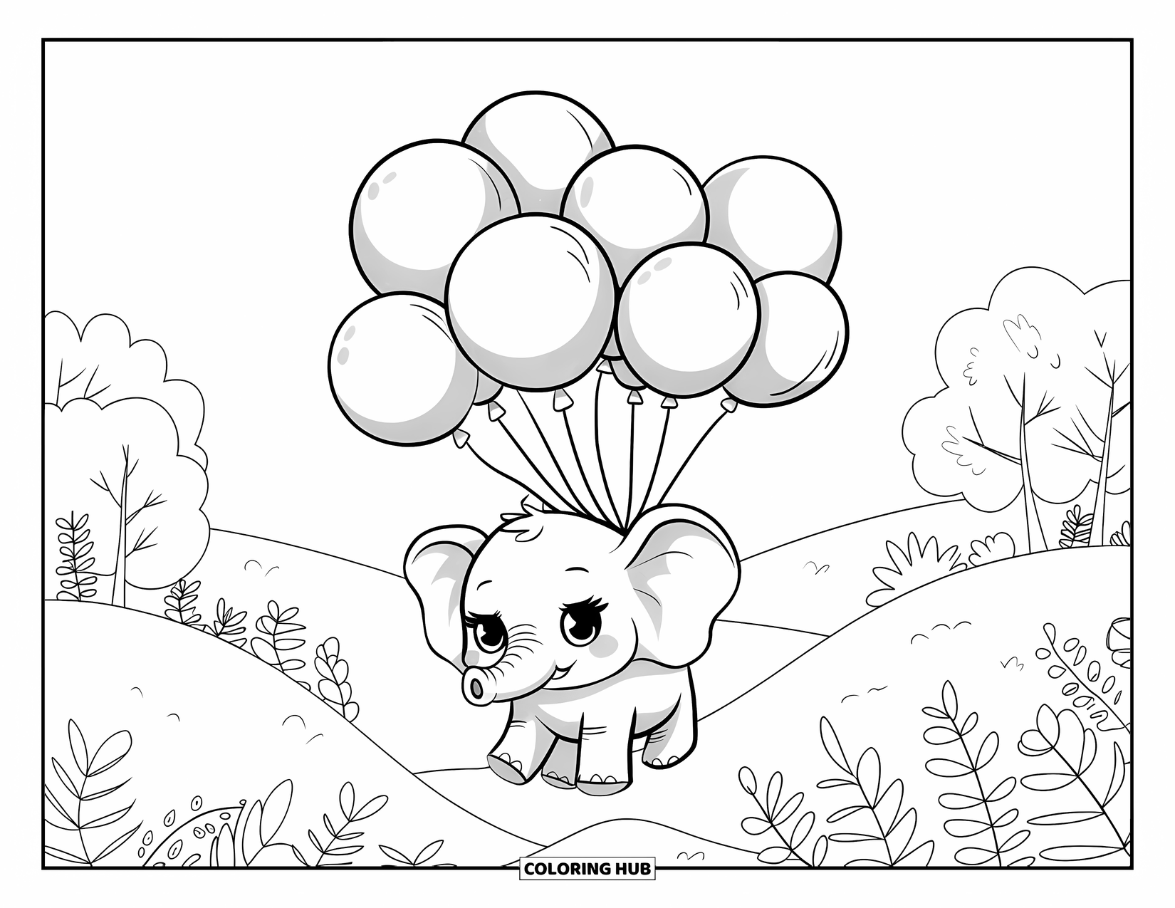 Elephant Coloring Page for Adults: A baby elephant with balloons floats above rolling hills, framed by playful, whimsical elements