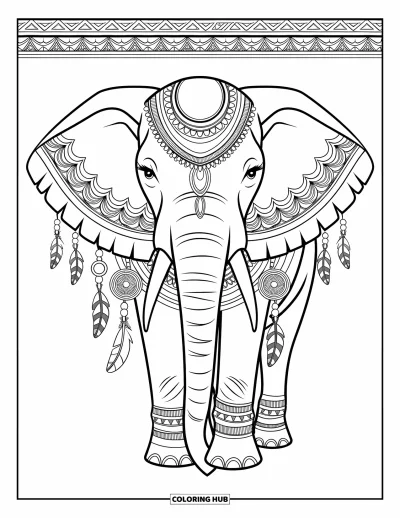 Coloriage d'éléphants pour adultes : Un éléphant bohème avec des ornements tribaux se tient devant un fond détaillé à motifs