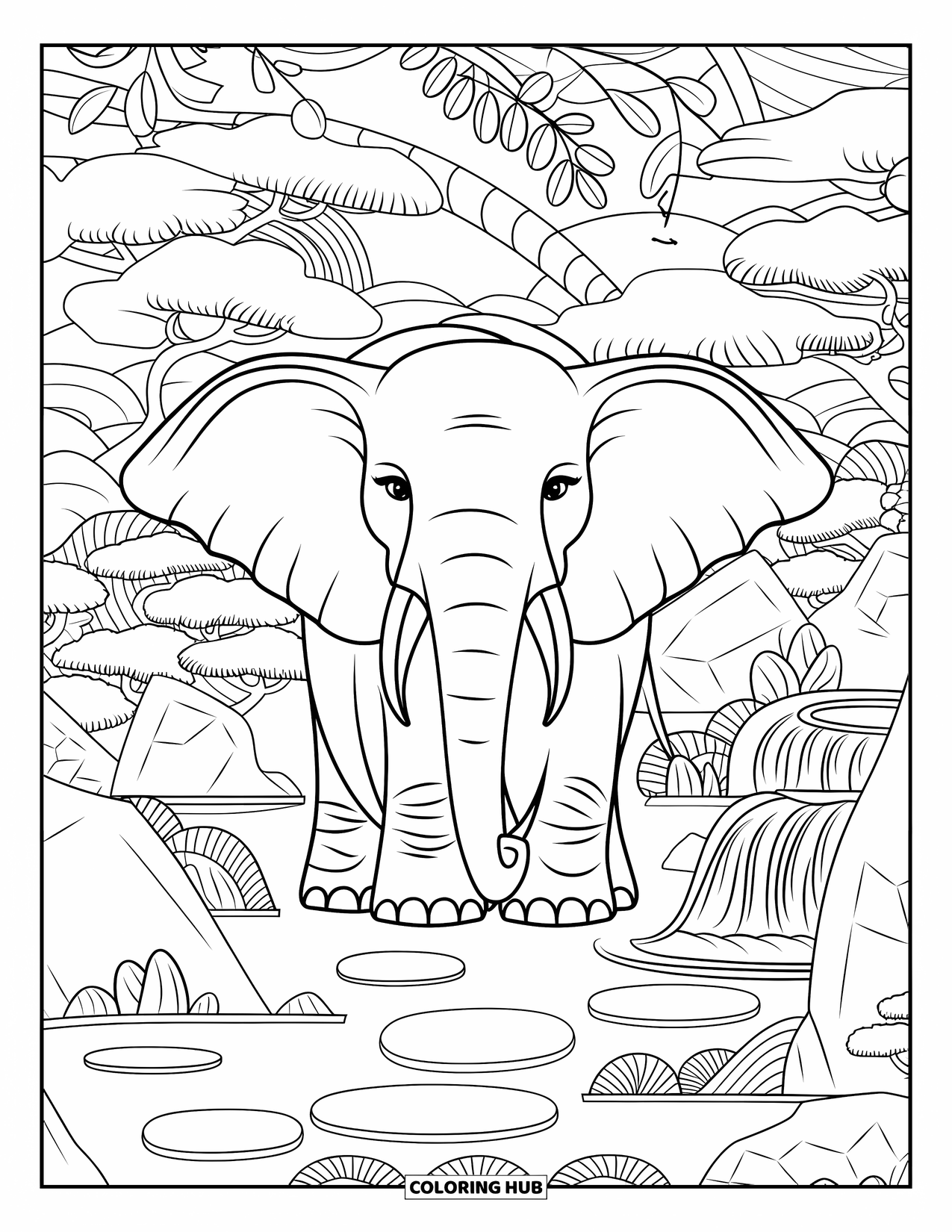 Elephant Coloring Page for Adults: A calm elephant enjoys the peaceful atmosphere of a Zen garden with a waterfall and trees
