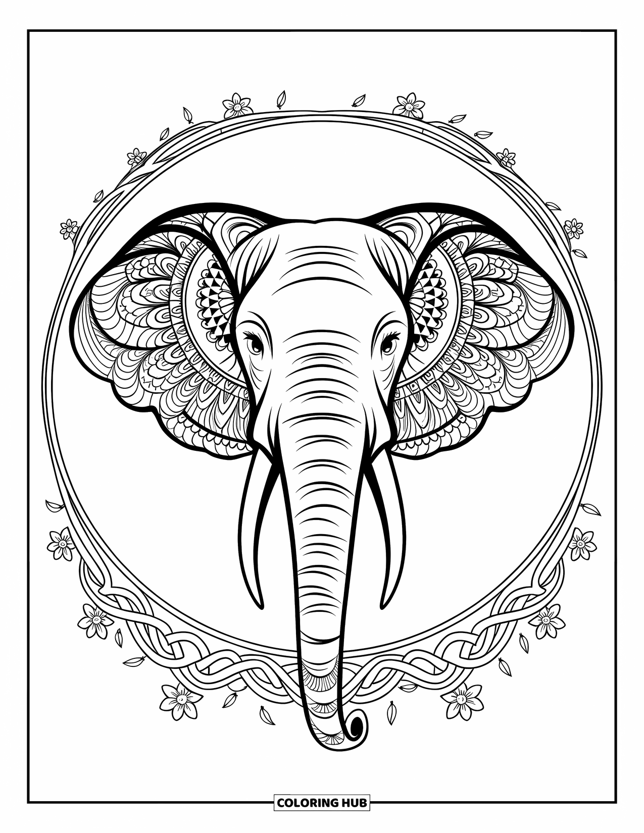 Elephant Coloring Page for Adults: A detailed elephant face with mandala designs features a serene expression and floral borders