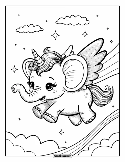 Coloriage d'éléphants pour adultes : Un éléphant licorne kawaii aux ailes étincelantes vole joyeusement dans un ciel rêveur et féerique