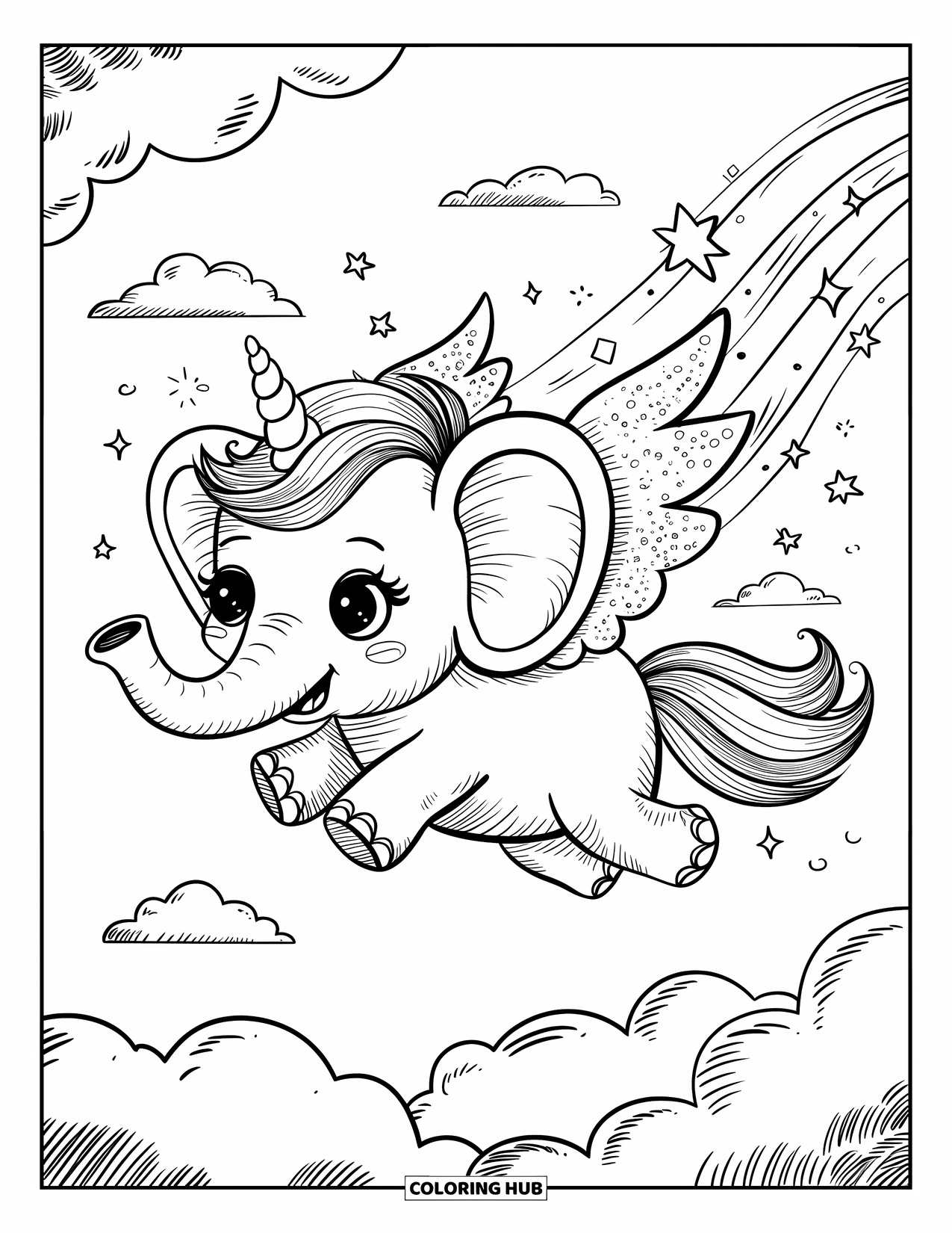 Elephant Coloring Page for Adults: A magical elephant with a unicorn horn and wings flies through a dreamy sky with rainbow trails