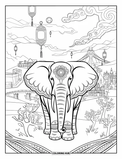Coloriage d'éléphants pour adultes : Un éléphant majestueux se tient dans un paysage fantastique rempli de lanternes flottantes et d'arbres lumineux