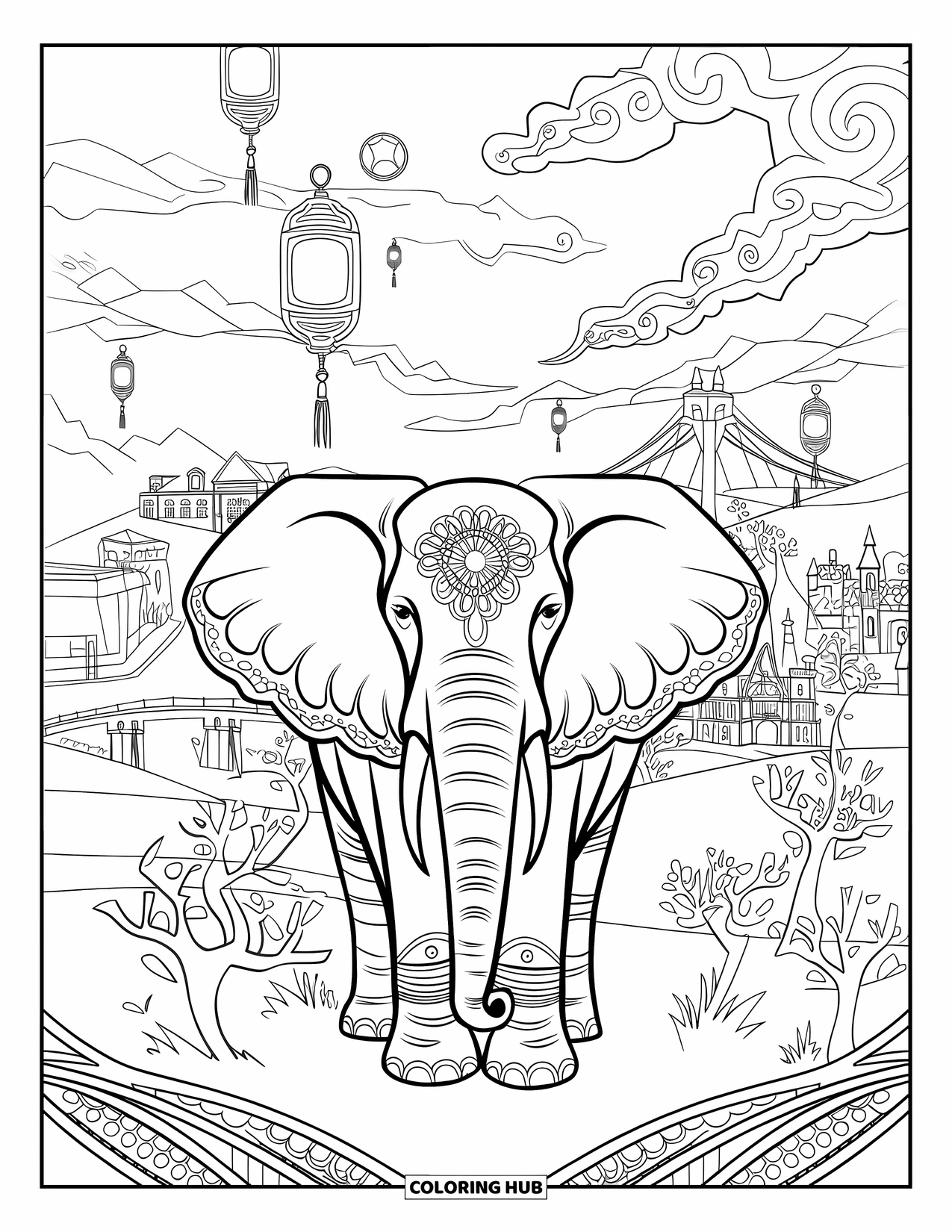Elephant Coloring Page for Adults: A majestic elephant stands in a fantasy landscape filled with floating lanterns and glowing trees