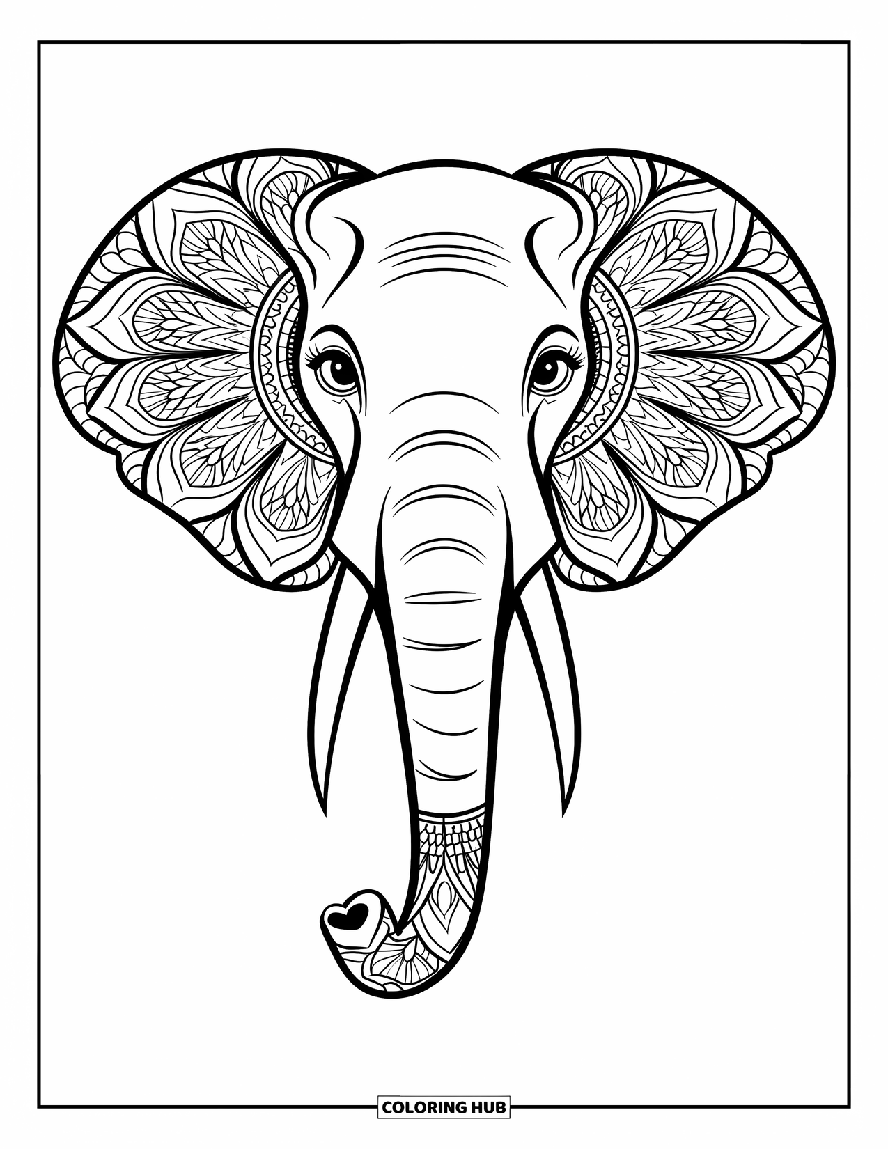 Elephant Coloring Page for Adults: A mandala-filled elephant face with geometric shapes and patterns stands against a clean background