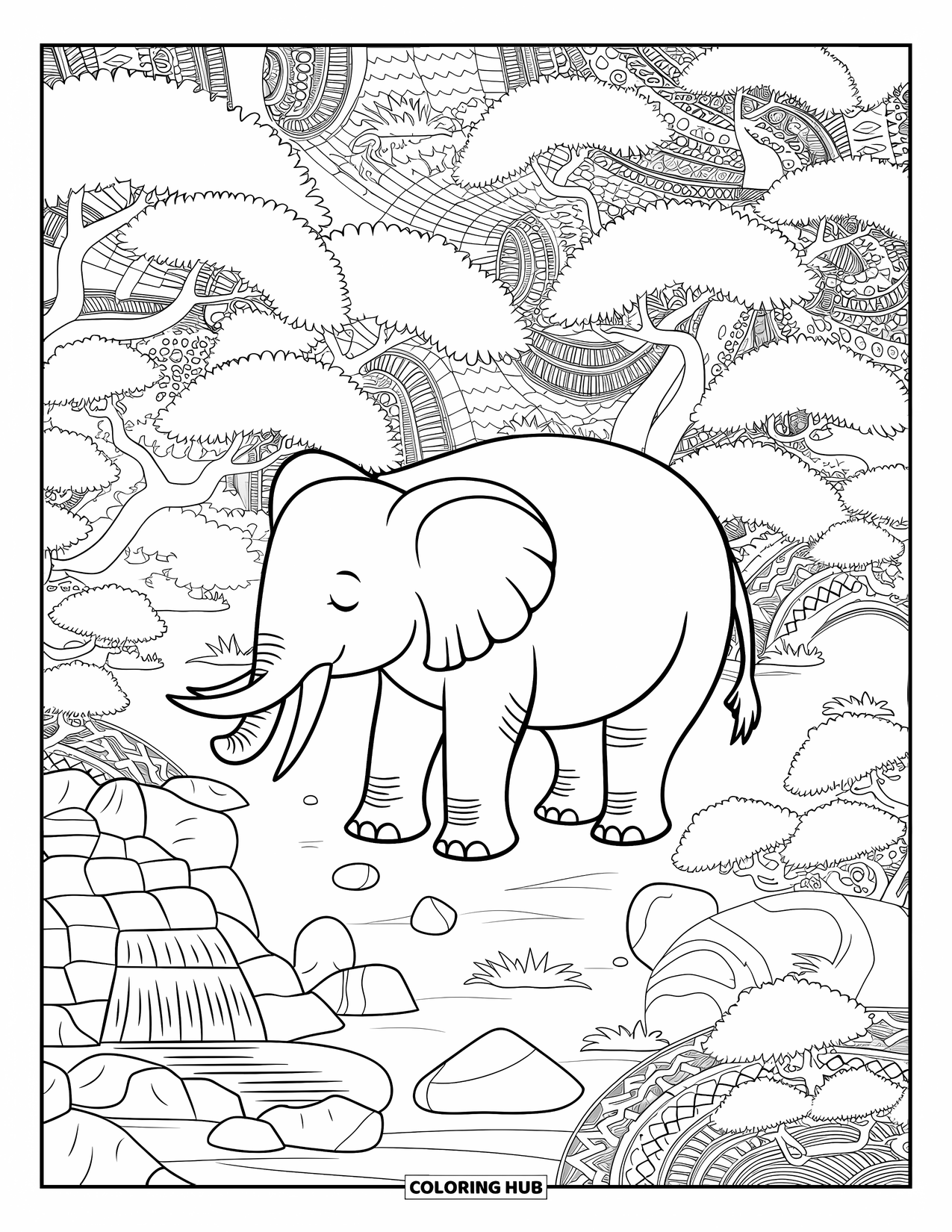 Elephant Coloring Page for Adults: A peaceful elephant stands in a tranquil Zen garden surrounded by bonsai trees and a waterfall